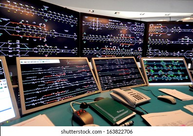 BOLOGNA, ITALY - NOVEMBER 26: central's station control room of the new high speed train Freccia Rossa. November 26, 2007 in Milan, Italy.