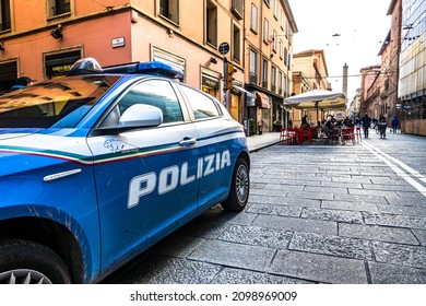 Bologna, Italy - October 10, 2020: typical italian police car at a street in Bologna on October 10, 2020