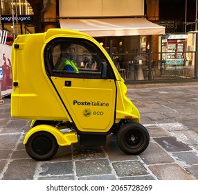 Bologna - Italy - October 14, 2021: Electric Mail Delivery Vehicle Used By Poste Italiane. Bologna. Italy