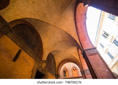 BOLOGNA, ITALY - October, 2017: Old Street View Bologna City, Italy. Cobble Stone Street With Bollards