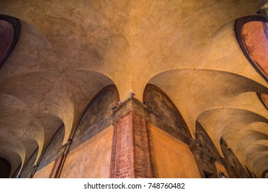 BOLOGNA, ITALY - October, 2017: Old Street View Bologna City, Italy. Cobble Stone Street With Bollards