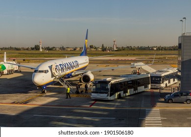 BOLOGNA, ITALY - OCTOBER 23, 2018: Ryanair Airplane At Bologna Guglielmo Marconi Airport, Italy