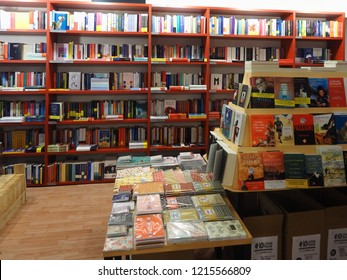 Bologna, Italy - October 27, 2018. 
Italian Bookshop With Books On Shelves.