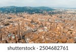 Bologna, Italy. Old Town. Two Towers. (Le due Torri) Garisenda and degli Asinelli. Towers from the 12th century. Summer, Aerial View  