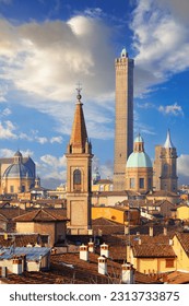 Bologna, Italy rooftop skyline and famous historic towers in the daytime. - Shutterstock ID 2313733875