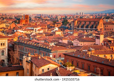 Bologna, Italy - Sunset light skyline of medieval downtown of Emilia-Romagna famous city.