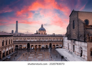 Bologna. Medieval city in Emilia Romagna in Italy Europe. Art and culture. Tourists from all over the world for Piazza Maggiore, Via Indipendenza, the leaning towers and the oldest university