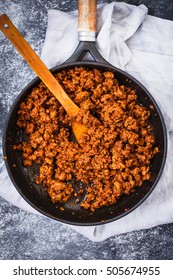 Bolognese Sauce In Frying Pan. Top View.