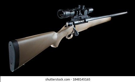 Bolt Action Hunting Rifle On A Black Background With A High Powered Scope