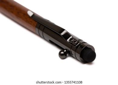 Bolt Action Mechanism at the clip end of a handmade mahogany wood pen with gun metal fixtures and a stylus cap / Product photo/Handcrafted/Product