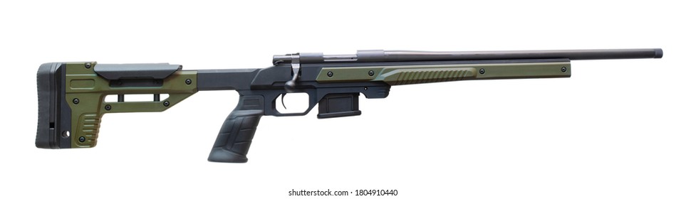 Bolt action rifle with a green polymer stock isolated on white