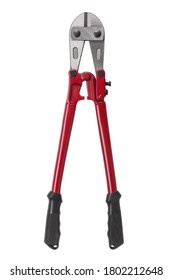 Bolt Cutter With Red Hands Isolated On White Background. Hand Tool For Cutting Chains, Bolts, Padlocks, Rebar And Etc.
