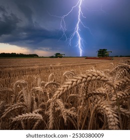 A bolt of lightning strikes a field during a harvest, with tractors in the distance continuing to work as the storm rolls in. The scene captures the dramatic contrast between the lightning and the sky - Powered by Shutterstock