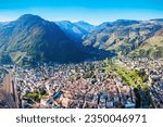 Bolzano and Dolomite mountains aerial panoramic view. Bolzano is the capital city of the South Tyrol province in northern Italy.