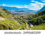 Bolzano and Dolomite mountains aerial panoramic view. Bolzano is the capital city of the South Tyrol province in northern Italy.