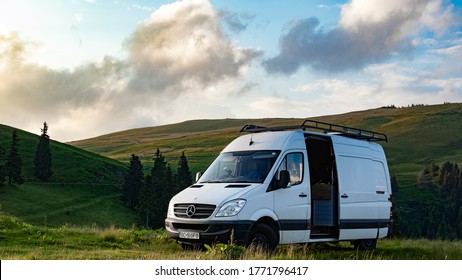 Bolzano/Italy- 1 July 2020:Mercedes sprinter self made camper van with a mountain view