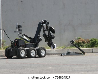 Bomb disposal robot disarm a bomb inside a car of terrorists during military training in the city of Sofia, Bulgaria on Sep,11, 2007. Bomb squad robot
