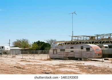 Bombay Beach, California - Feb 24 2019: A Vintage Trailer Parked In The Middle Of Town.