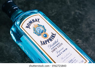 Bombay Sapphire Bottle Close Up Shot, White Dry Gin On Black Background. Rostov-on-Don, Russia - April 20 2021