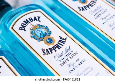 Bombay Sapphire Bottles Close Up Shot, White Dry Gin. Rostov-on-Don, Russia - April 20 2021