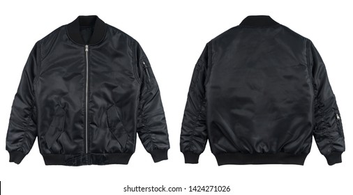 Bomber jacket black color in front and back view isolated on white background.