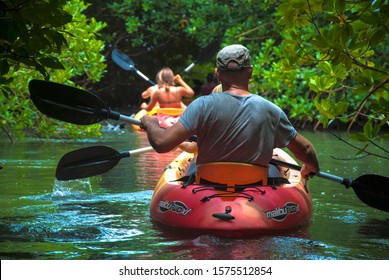 Bonaire / Dutch Caribbean - April 15, 2017: A Group Of Tourists Sets Off For A Guided Kayak Tour In The Lac Bai Mangrove Reserve