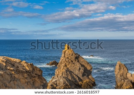 Bonavista, Newfoundland, Canada. Dungeon Provincial Park UNESCO Geosite. Blue sky, clouds. Dungeon Road Beach, the jaggy coast. Tourist attractions, geological wonders. 