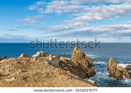 Bonavista, Newfoundland, Canada. Dungeon Provincial Park UNESCO Geosite. Blue sky, clouds. Dungeon Road Beach, the jaggy coast. Tourist attractions, geological wonders. 