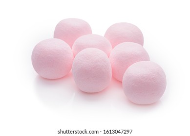 BonBons Seven Pale Pink BonBons Candy Sweets in Group of Seven. Powder Pink Strawberry Flavoured Candies. Macro Close up Shot Isolated on 255 White Background. Clipping Work Path Included in JPEG