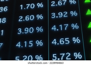 Bond market screen with rising yields and interest rates. Coupons, rates, yields  and other informations are displayed. Interest rates concept. 3D illustration - Shutterstock ID 2228984863