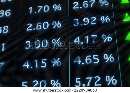 Bond market screen with rising yields and interest rates. Coupons, rates, yields  and other informations are displayed. Interest rates concept. 3D illustration