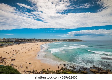 Bondi Beach Skyline View With People On Bright Warm Morning