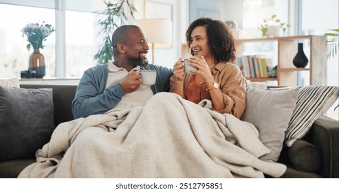 Bonding, love and coffee with mature couple on sofa for relax, marriage and romance. Happiness, calm and health with people drinking in living room of home for tea, communication and comfort together - Powered by Shutterstock