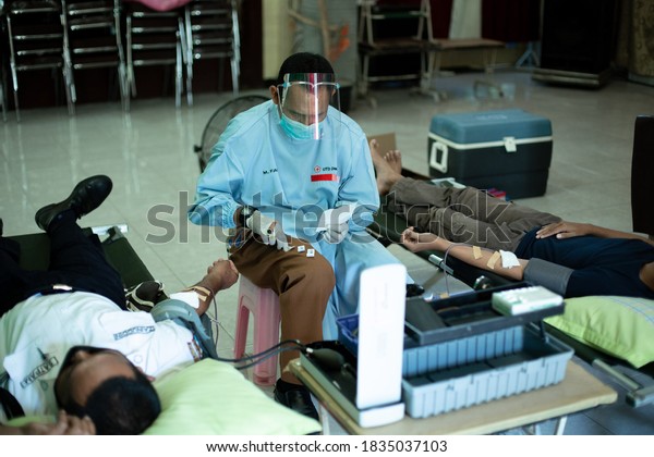 Bondowoso/Indonesia October 15, 2020 : Donor darah\
or blood donation in the neighborhood held by (palang merah\
Indonesia) or Indonesia red cross when the covid19 pandemic took\
place.