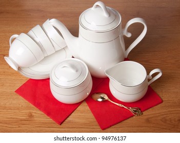 Bone China Tea Set On Wooden Table