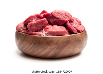 Boneless  lamb steak meat in wooden bowl isolated on white 