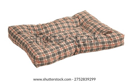 A bone-shaped pet bed with a plaid pattern in beige and black fabric. The bed a cushioned surface with raised edges for comfort and support. The plaid includes intersecting lines in various...