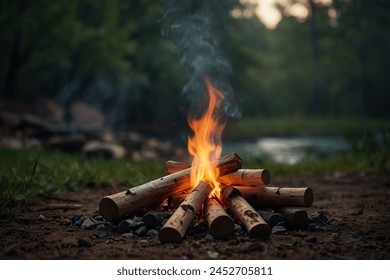 a bonfire in a forest burning for light - Powered by Shutterstock