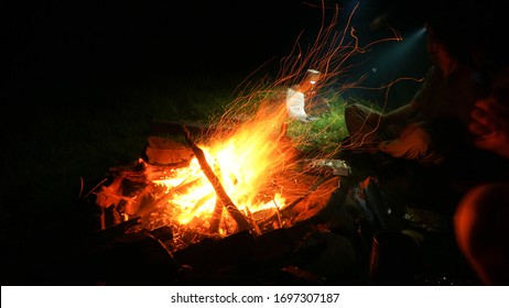 Bonfire At Night In Brecon Beacons National Park Near Fan Brycheiniog, Wales, United Kingdom.