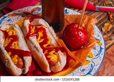 Bonfire Night Food Shot Close Up On A Wooden Table,traditional Hot Dogs And A Cold Beer.