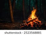 A bonfire with orange flames of wood burning with bricks around it during a night in woodland under a blurred background.