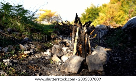 Bonfire at Summer Static Shot, Slow Motion Bonfire burning in tourist camp in mountains. Fireplace in Nature Static burning fire bonfire Home
