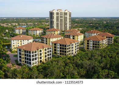 BONITA SPRINGS, FL -14 JAN 2018- Panoramic View Of Modern Condo Highrises In The Mangrove On Estero Bay In Bonita Springs, Florida, Close To Fort Myers.