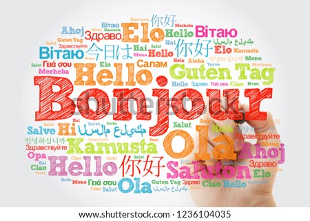 Bonjour (Hello Greeting in French) word cloud in different languages of the world with marker, background concept