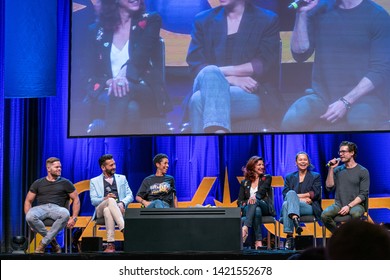 Bonn, Germany - June 8 2019: Wes Chatham, Cas Anvar, Dominique Tipper, Shohreh Aghdashloo, Frankie Adams And Steven Strait At FedCon 28