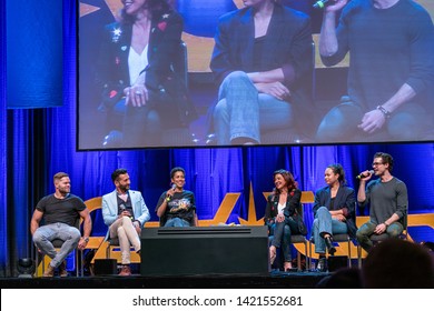 Bonn, Germany - June 8 2019: Wes Chatham, Cas Anvar, Dominique Tipper, Shohreh Aghdashloo, Frankie Adams And Steven Strait At FedCon 28