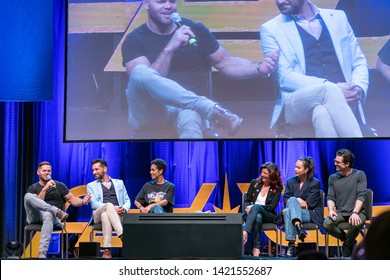 Bonn, Germany - June 8 2019: Wes Chatham, Cas Anvar, Dominique Tipper, Shohreh Aghdashloo, Frankie Adams And Steven Strait At FedCon 28