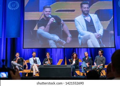 Bonn, Germany - June 8 2019: Wes Chatham, Cas Anvar, Dominique Tipper, Shohreh Aghdashloo, Frankie Adams And Steven Strait At FedCon 28