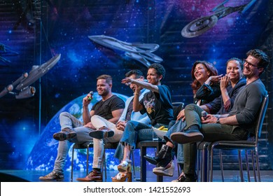 Bonn, Germany - June 8 2019: Wes Chatham, Cas Anvar, Dominique Tipper, Shohreh Aghdashloo, Frankie Adams And Steven Strait At FedCon 28