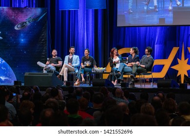 Bonn, Germany - June 8 2019: Wes Chatham, Cas Anvar, Dominique Tipper, Shohreh Aghdashloo, Frankie Adams And Steven Strait At FedCon 28